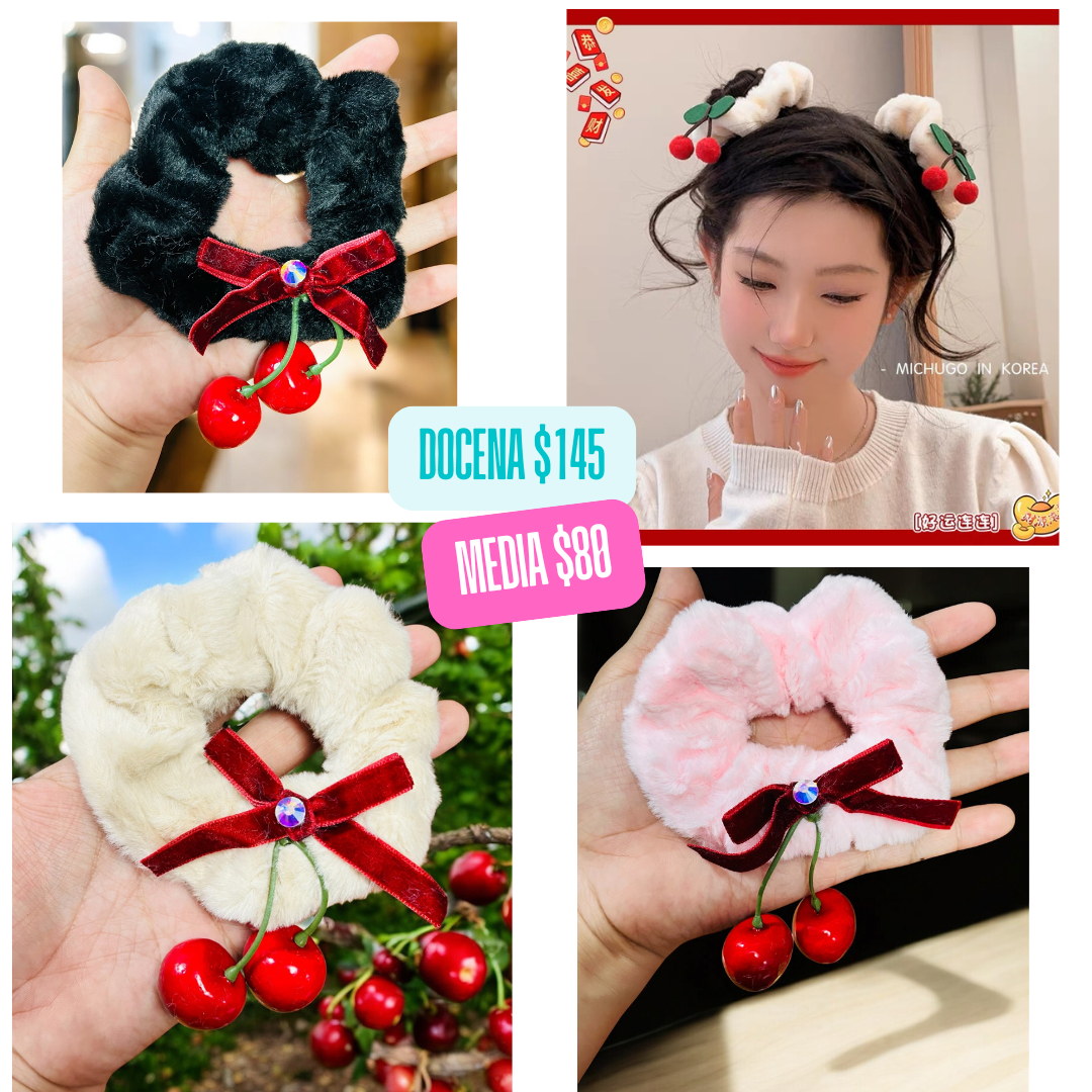 scrunchie cereza de peluche, codigo a23