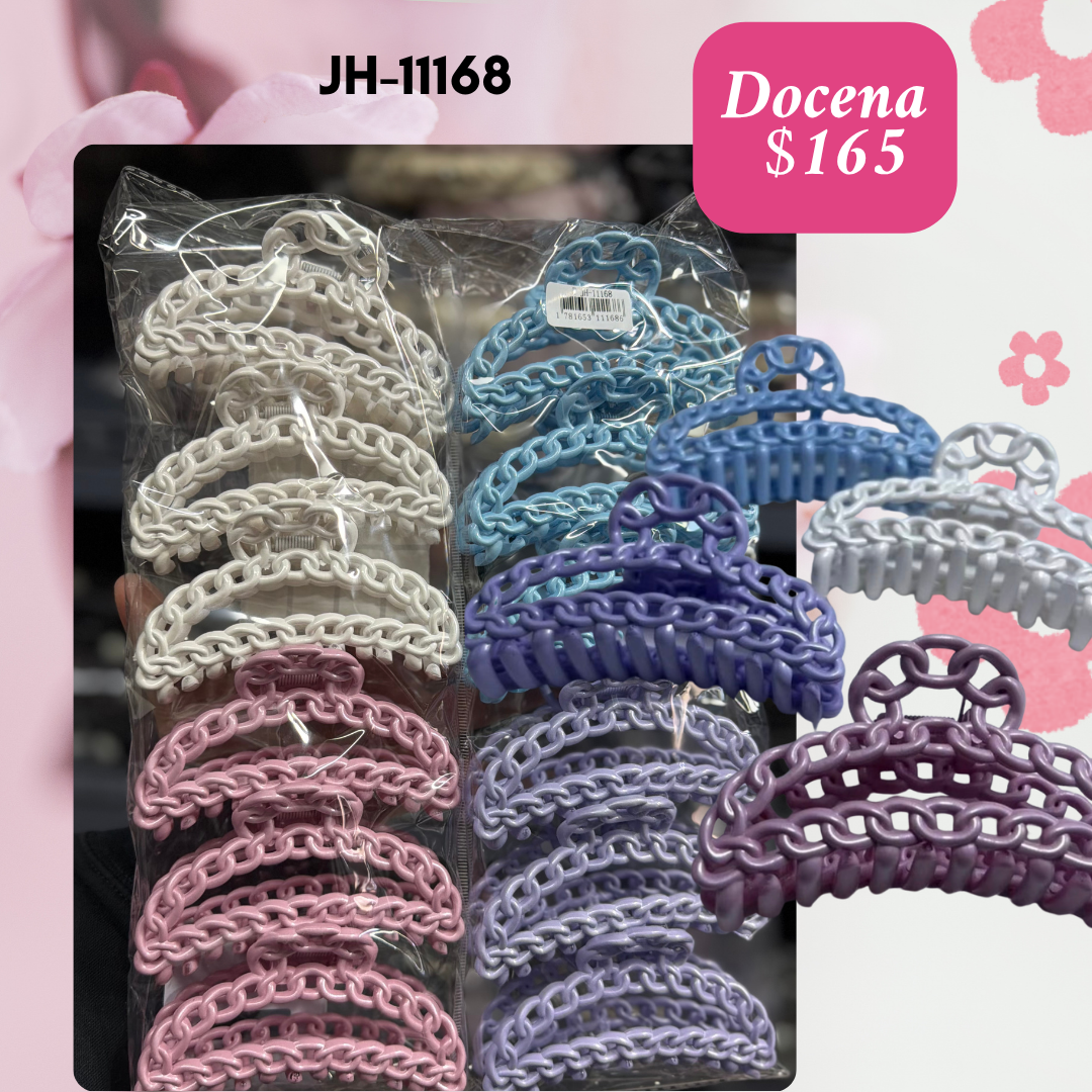 pinza media luna en cadena, colores brillantes, docena, codigo jh-11168
