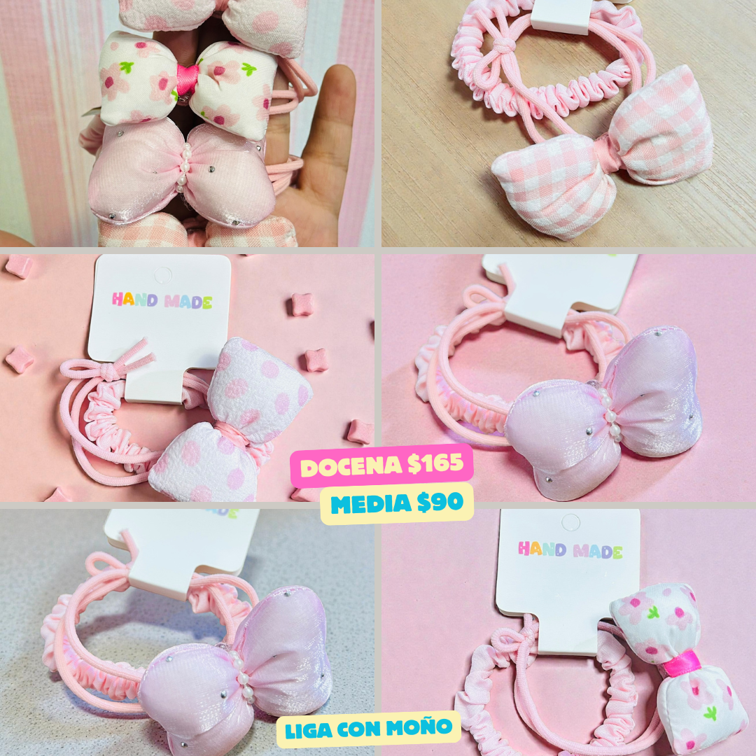 ligas en par con moño acolchonado, en tonos rosas, codigo a155