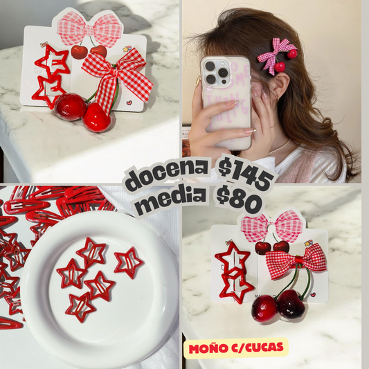 Moño cereza con cucas de estrella, codigo a75