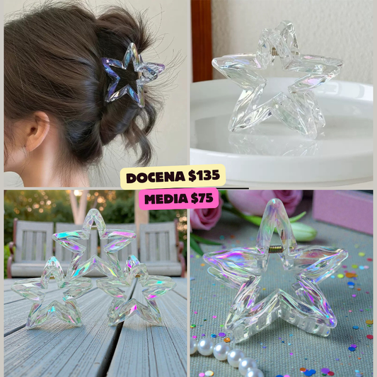 pinza de estrella transparente, brillosa, codigo a46