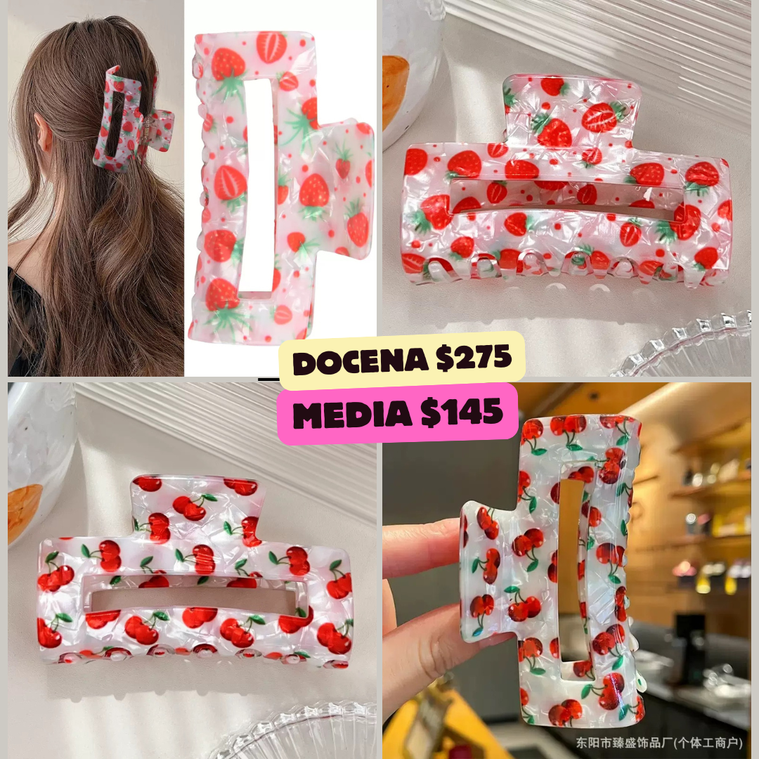 Pinza fresa y cereza de acrilico, con hueco en medio, codigo a100bis