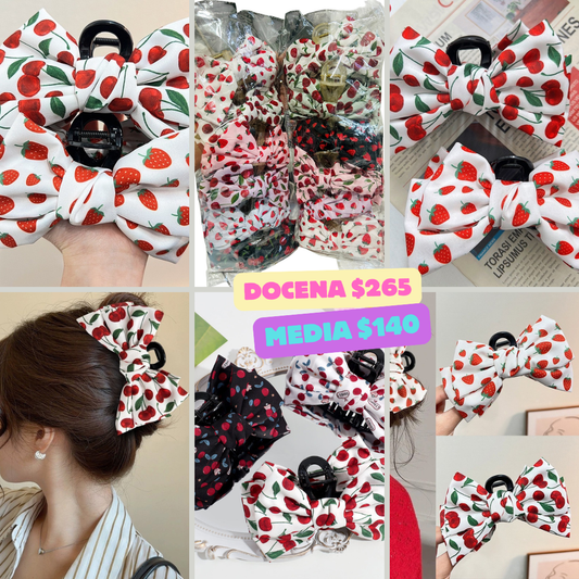 pinza de moño con cerezas y fresas, codigo a302