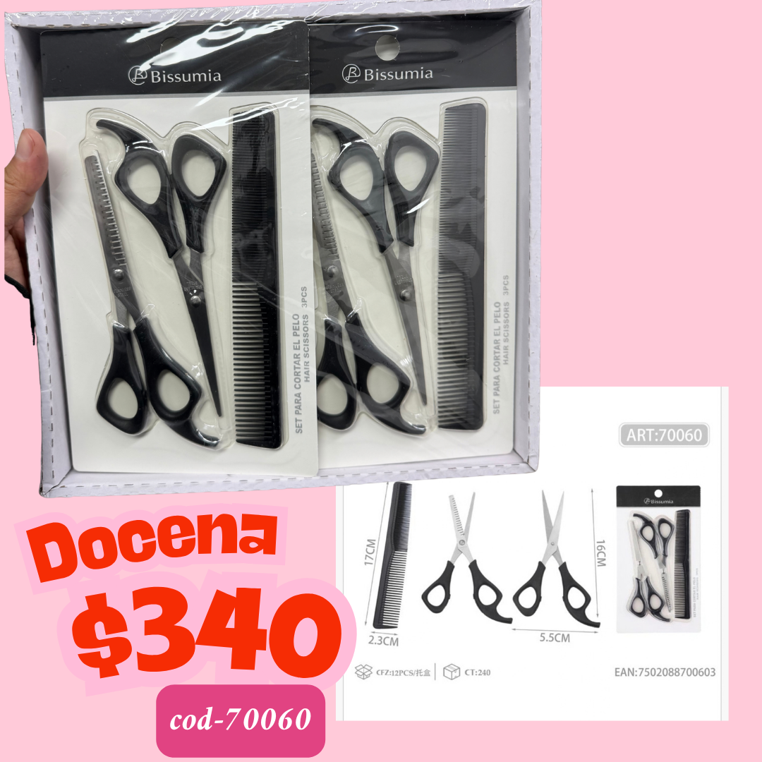 set de tijeras para corte, con peine, 12 sets, codigo 70060